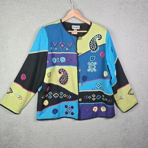 Indigo Moon Patchwork Boho Jacket Blue Green Large Button Front Lined